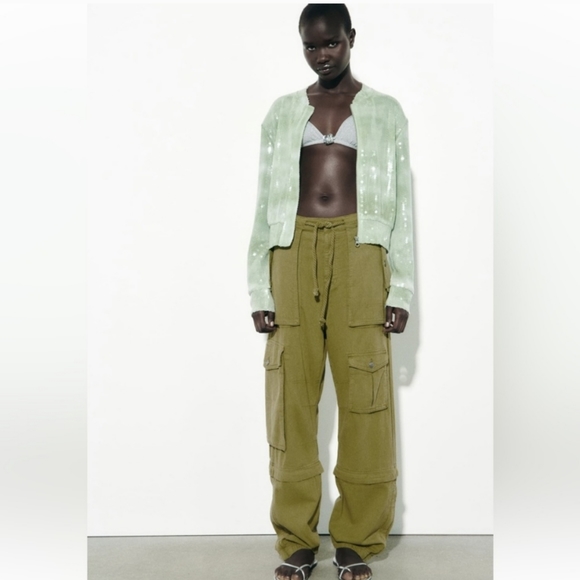 ZARA SEQUINNED TULLE BOMBER JACKET GREENS sz S - Picture 2 of 7